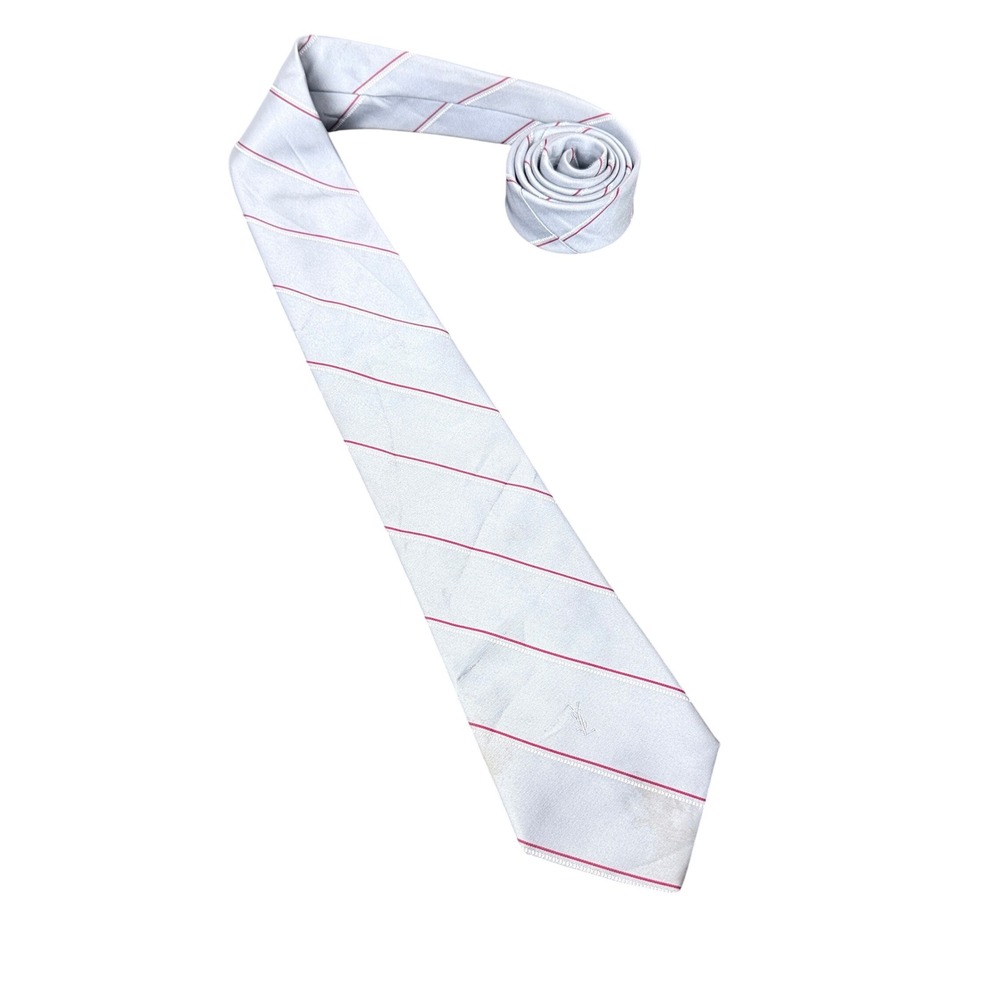 Yves Saint Laurent Tie Mens OS Grey Red Striped Silk Logo Necktie Vintage